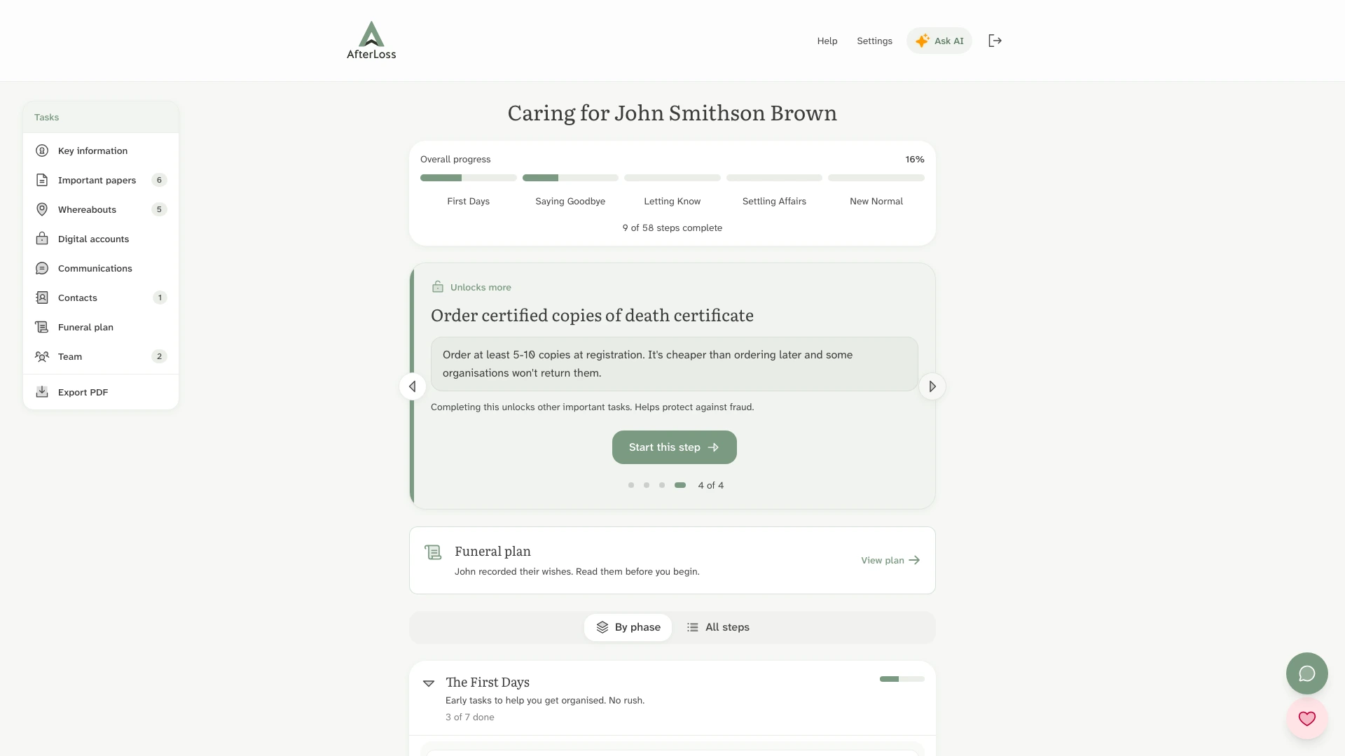 The AfterLoss case dashboard, showing the five phases of work and the steps tiered by urgency.