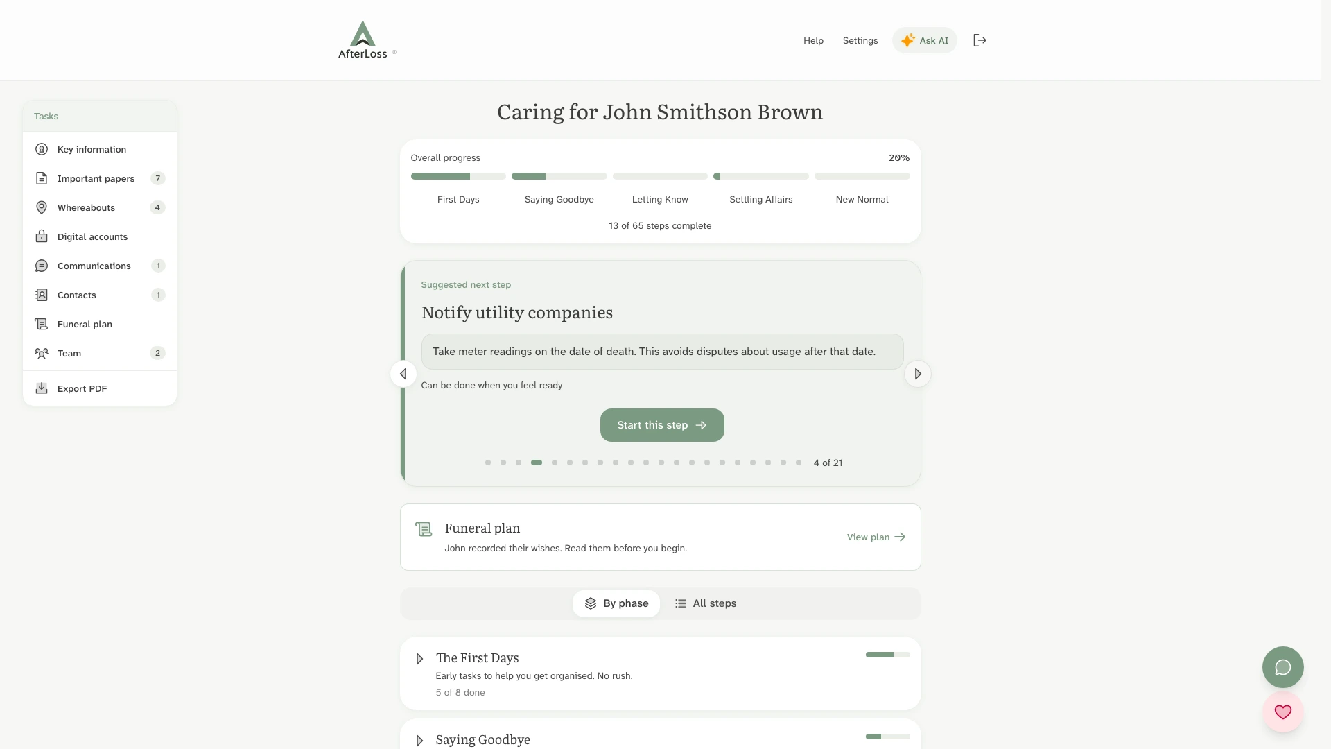 The AfterLoss case dashboard, showing the five phases of work and the steps tiered by urgency.