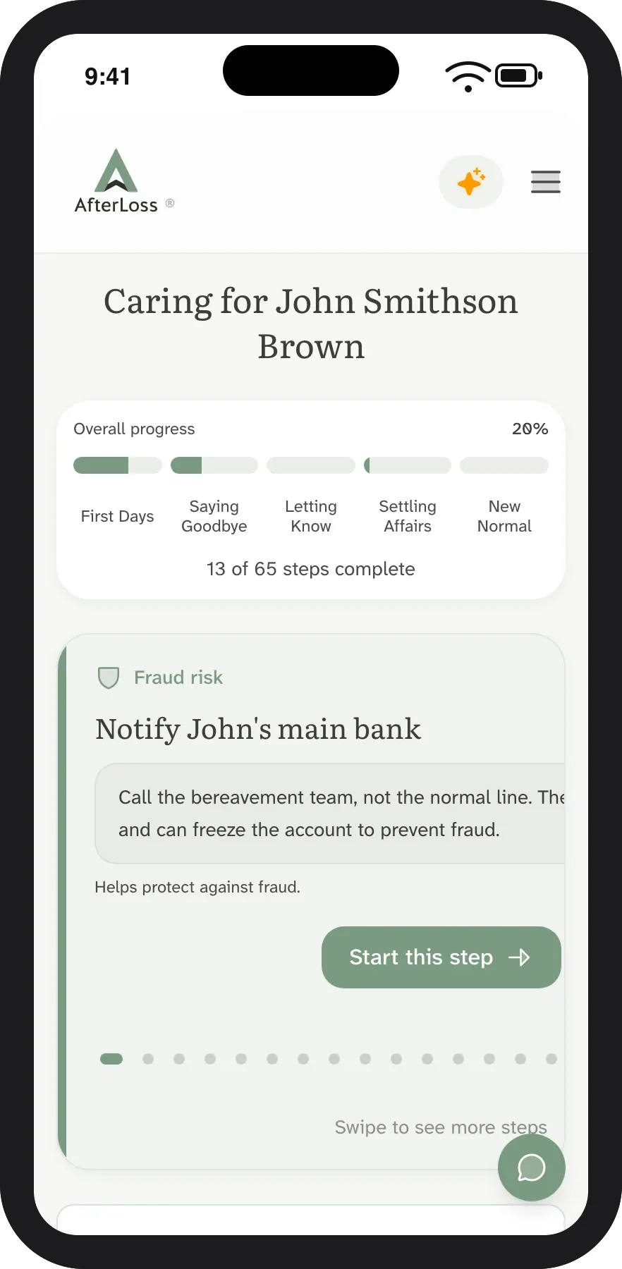 The AfterLoss case dashboard, showing the five phases of work and the steps tiered by urgency.