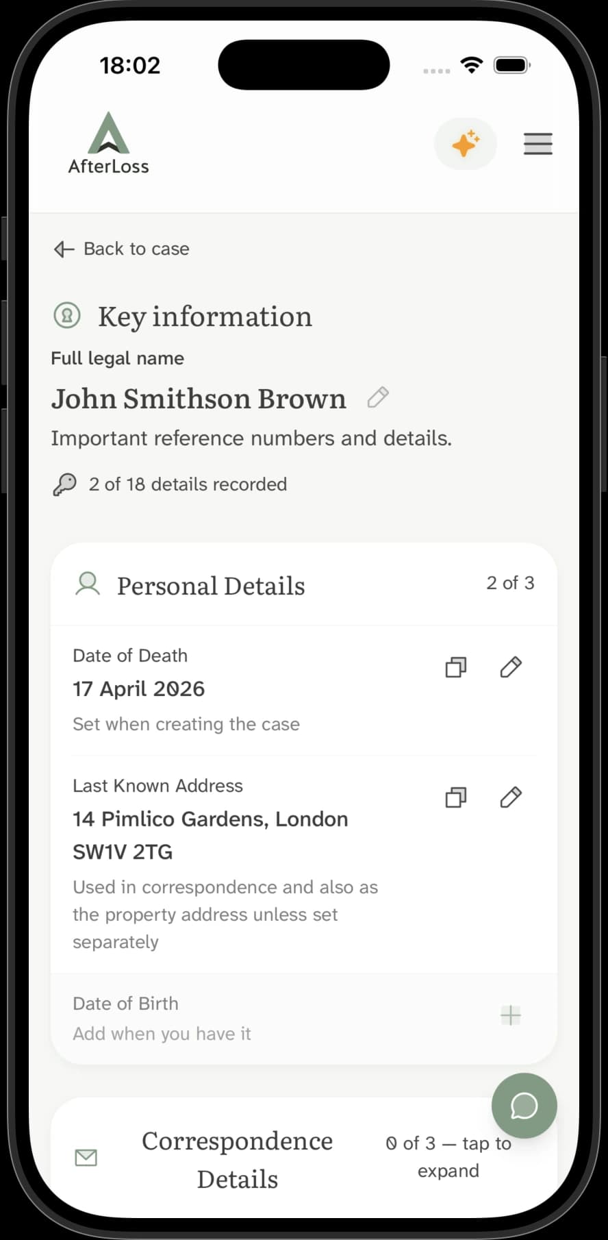 The Key Information view inside an AfterLoss case, showing fields like full name, date of birth, NHS number and parents' details.