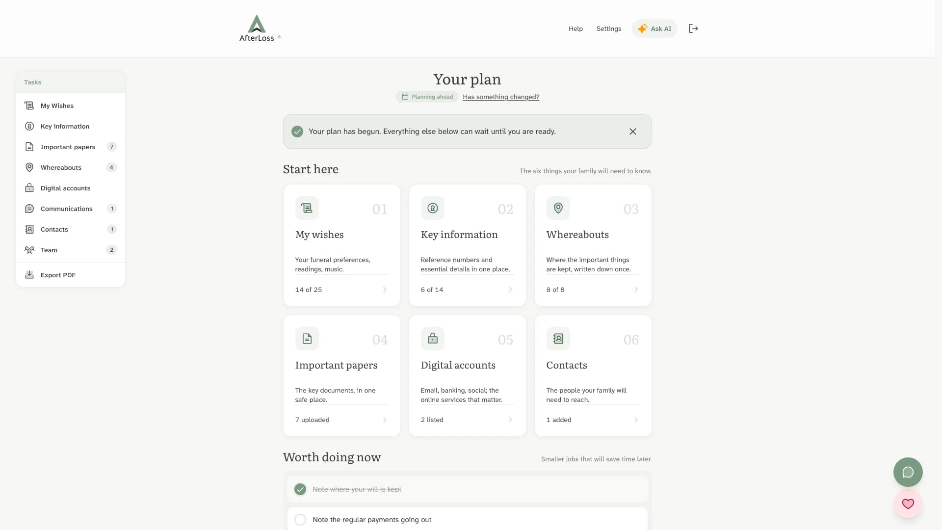 The Planning Mode dashboard inside an AfterLoss case, showing the case overview without urgency tiers or statutory deadlines.