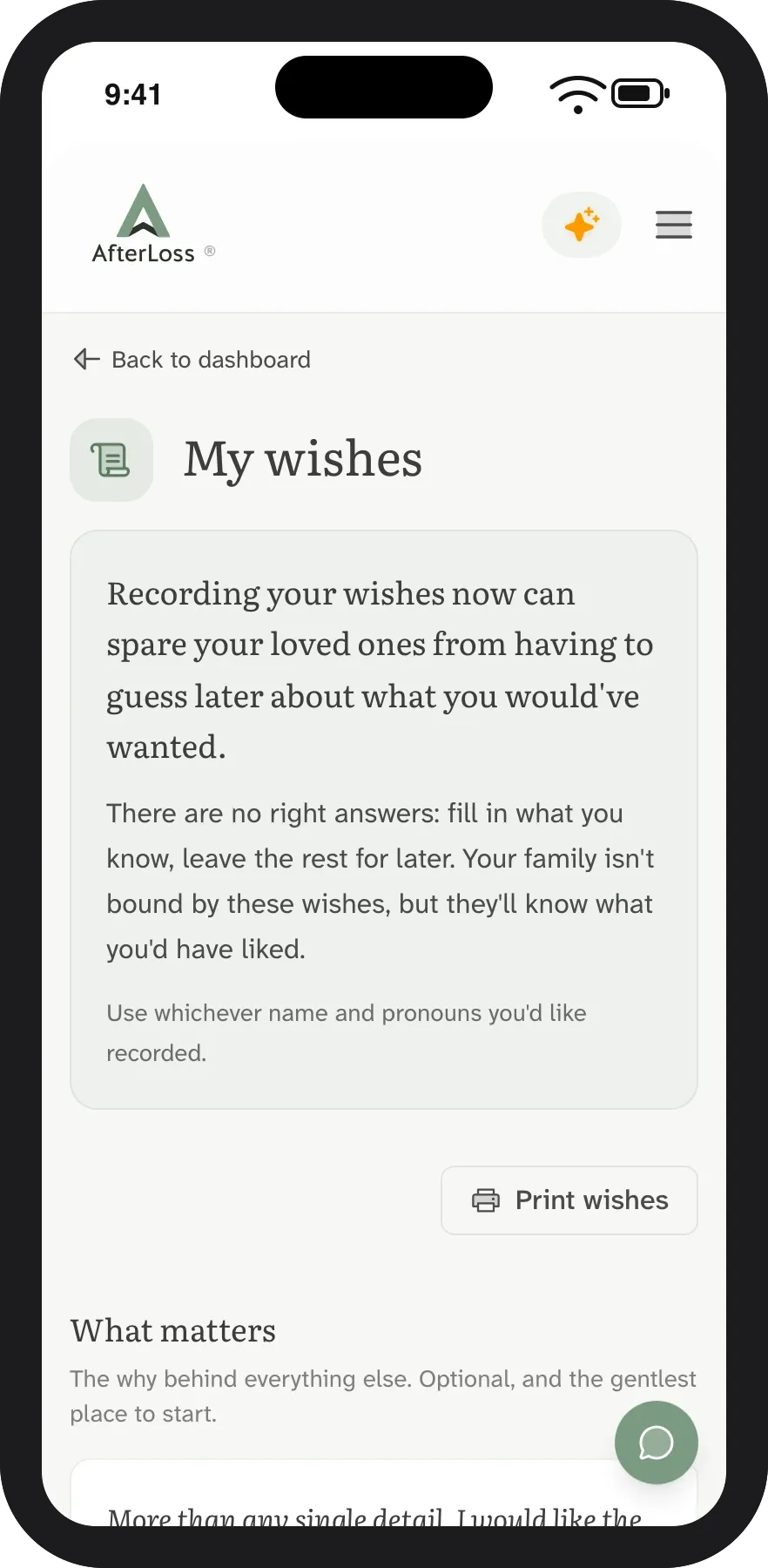 The Funeral Wishes view inside an AfterLoss case, showing the six sections of wishes from What matters through to After and arrangements.