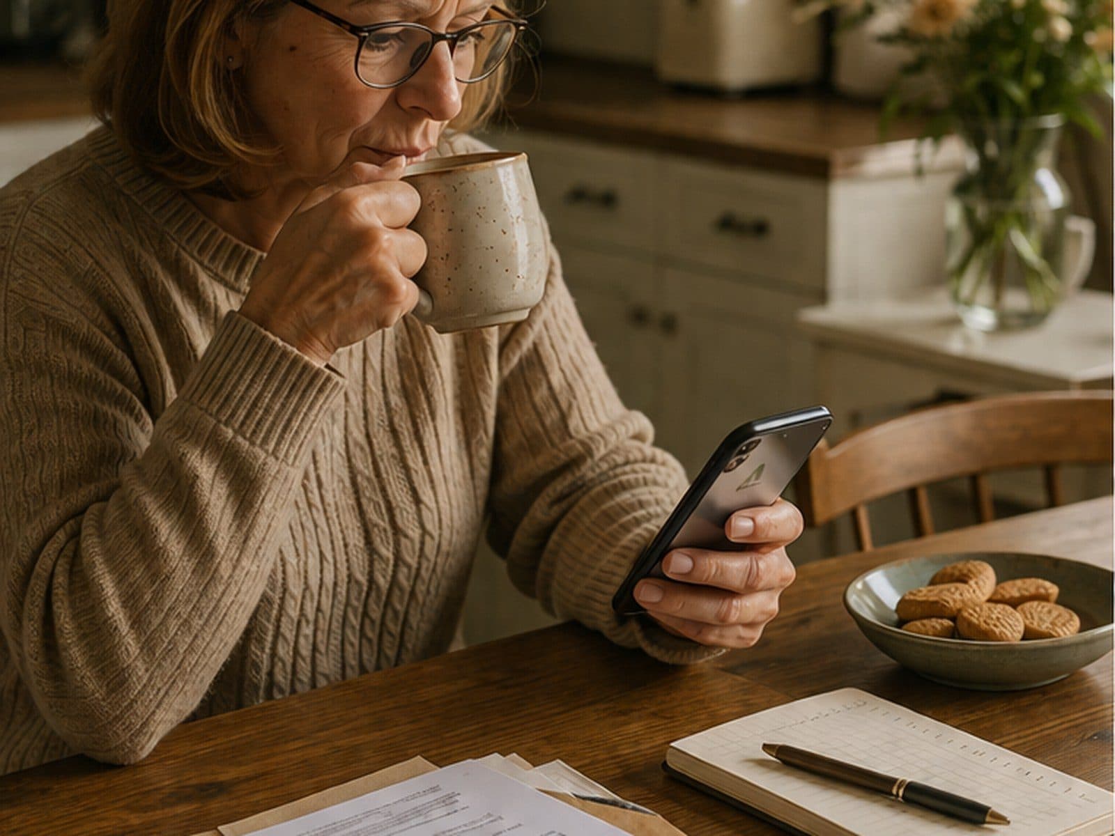 A woman with a cup of tea, reading AfterLoss on her phone at the kitchen table, with paperwork in front of her