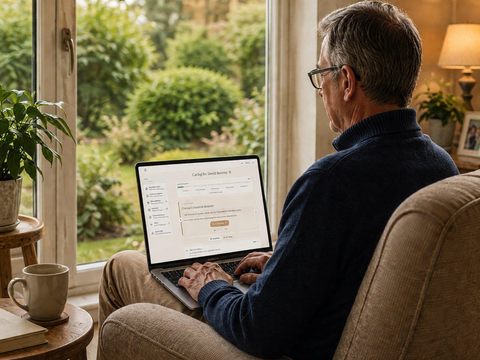 A man at his laptop by a sunlit window, planning ahead with AfterLoss