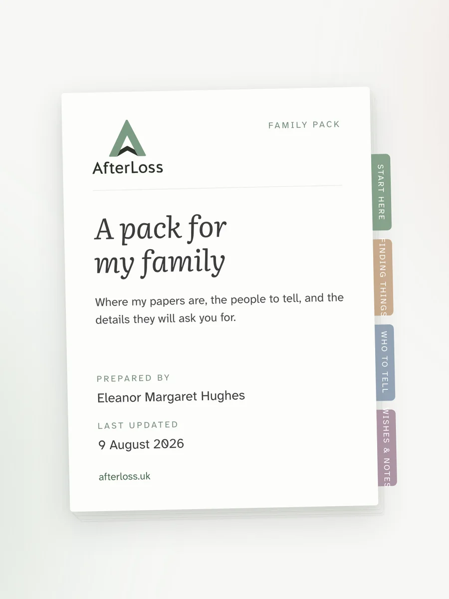 The cover of a printed Family Pack: A pack for my family, prepared by Eleanor Margaret Hughes, with coloured edge tabs down the outside edge.