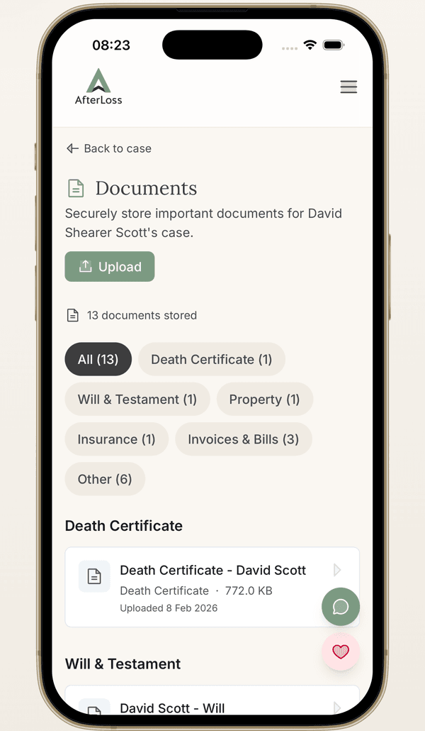 AfterLoss document storage with categorised uploads