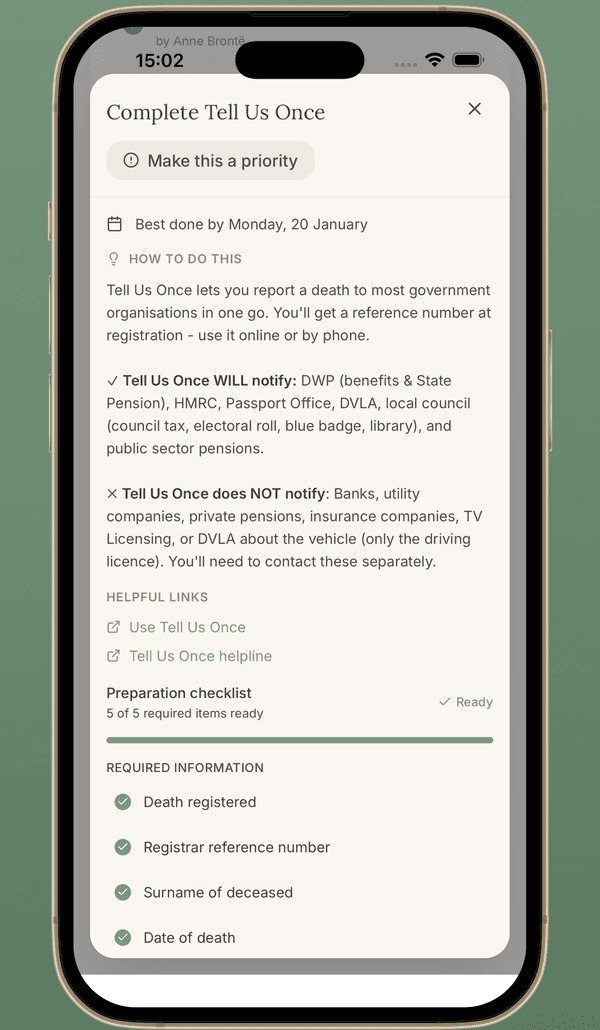 AfterLoss guided task detail showing what to do, documents needed, and preparation checklist